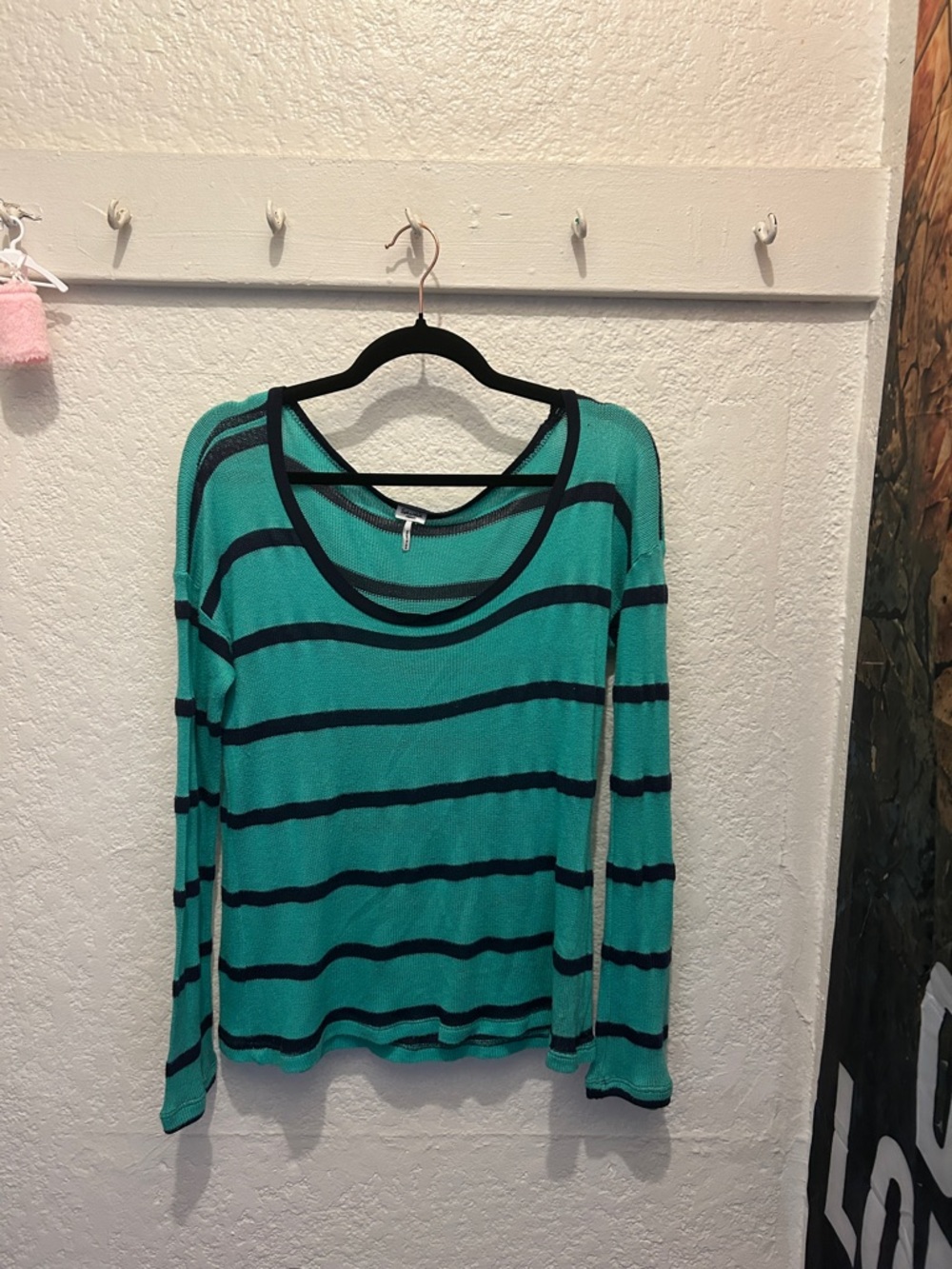 Splendid Teal and Black Striped Long Sleeve Scoop Neck Top